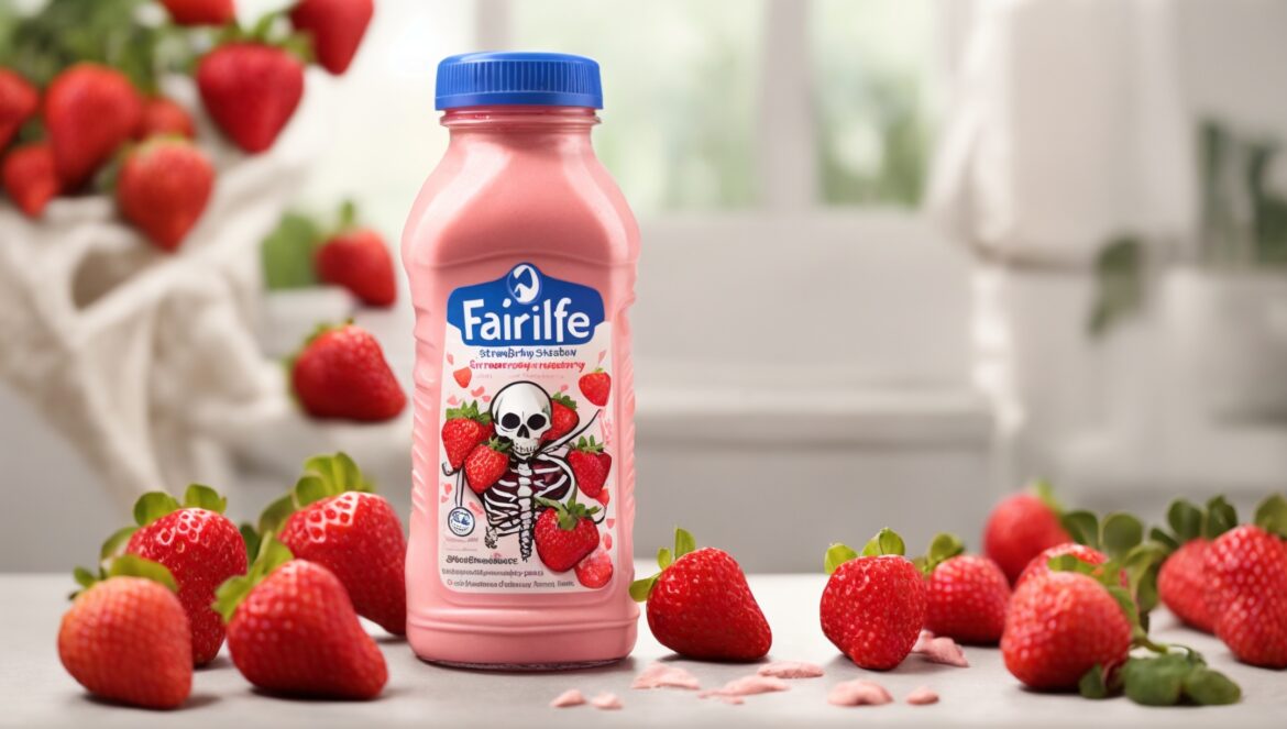 A bottle of Fairlife Strawberry Protein Shake surrounded by fresh strawberries and a skeletal illustration. Illustrating the benefits for the immune system and bones.