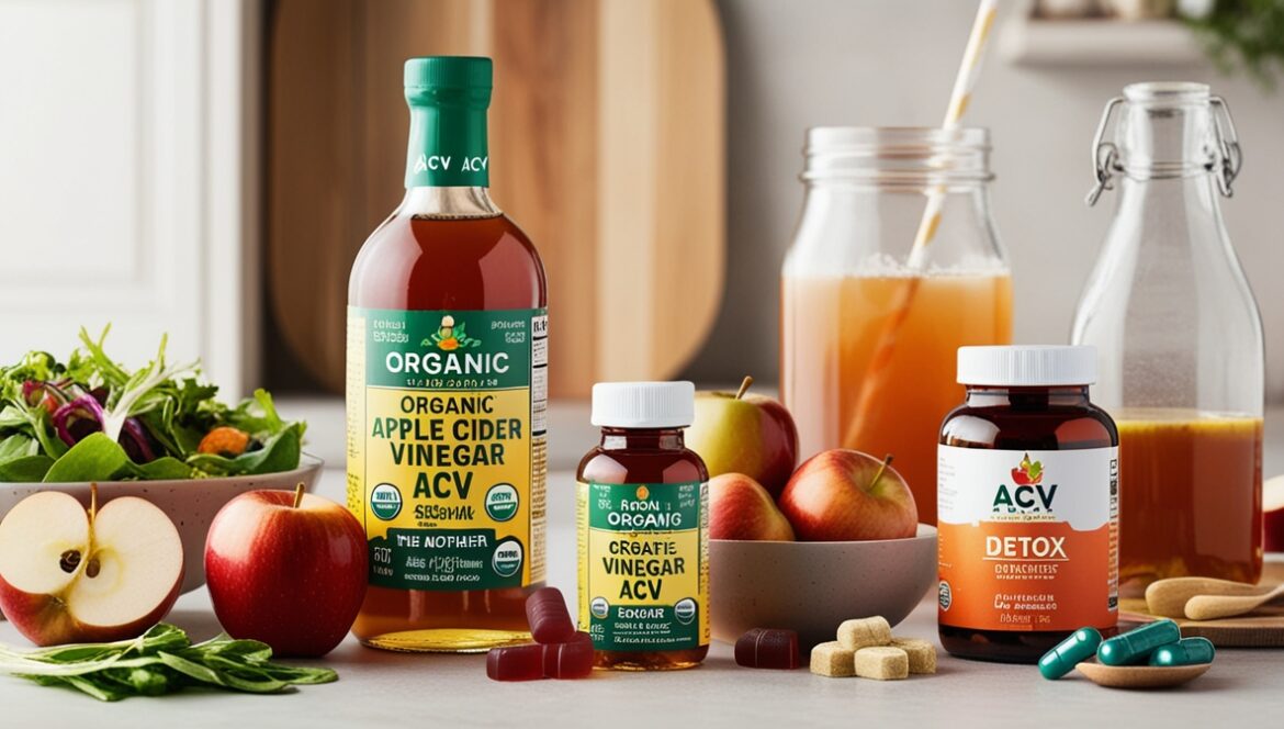 Organic Apple Cider Vinegar bottle with 'the mother,' apples, ACV gummies, and detox drink in a healthy kitchen setting