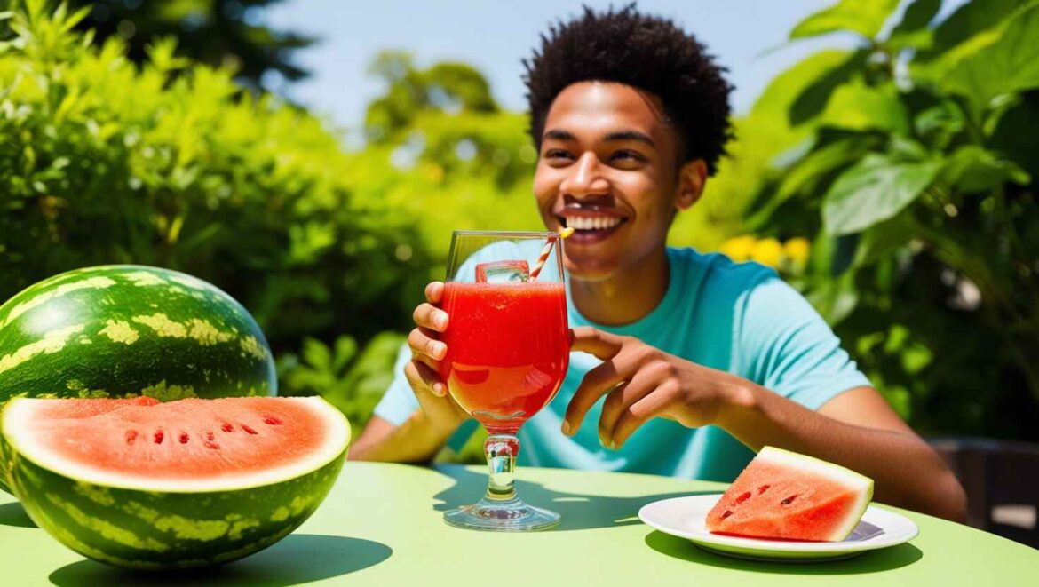 A person sipping Simply Watermelon juice from a glass cup