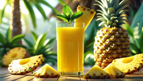Glass of Simply Pineapple Juice with pineapple slices
