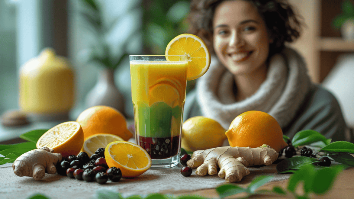 A glass of immunity juice surrounded by fresh fruits