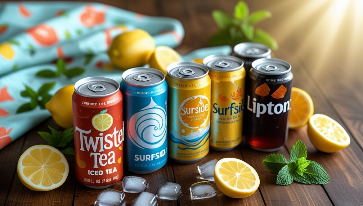 Hard Iced Tea cans with lemon, mint, and ice