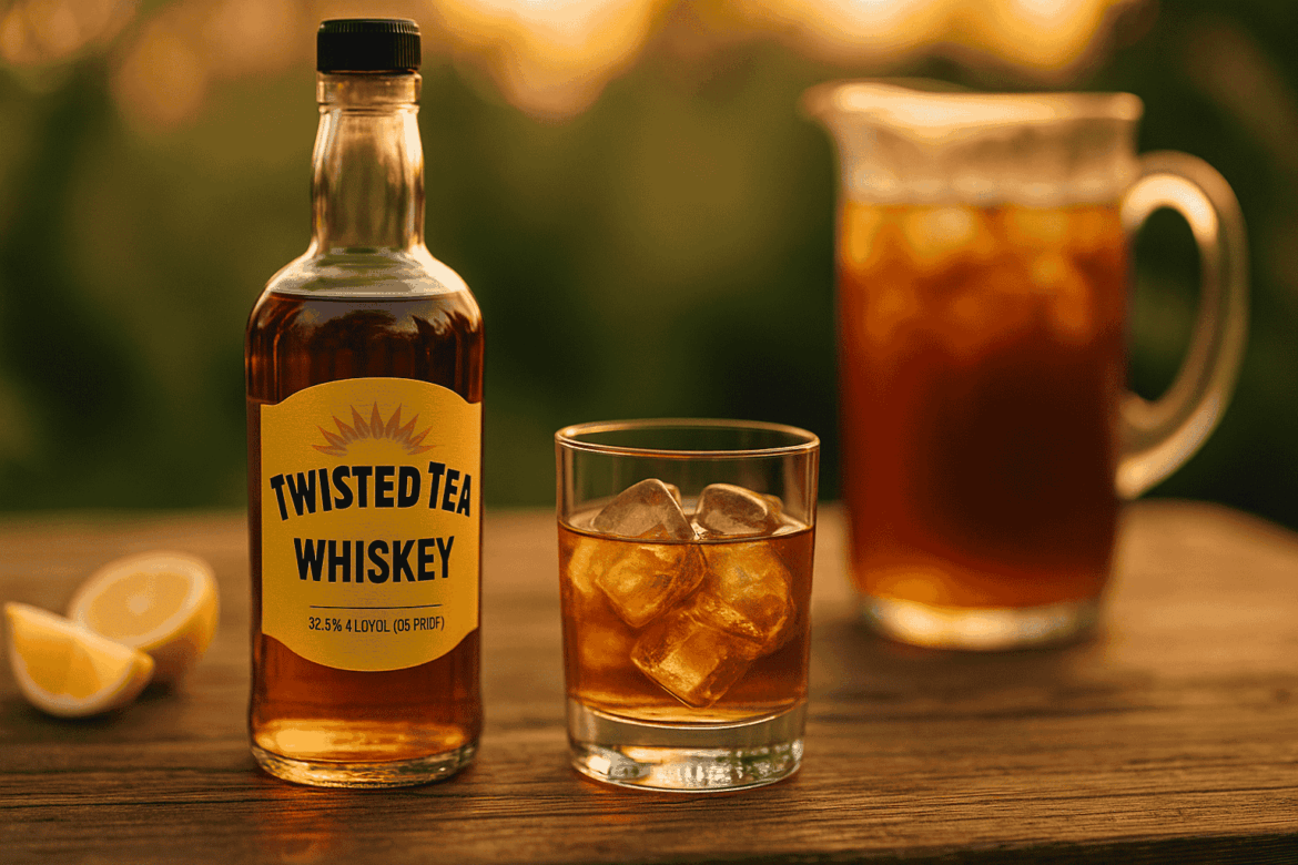Twisted Tea Whiskey bottle and glass with ice