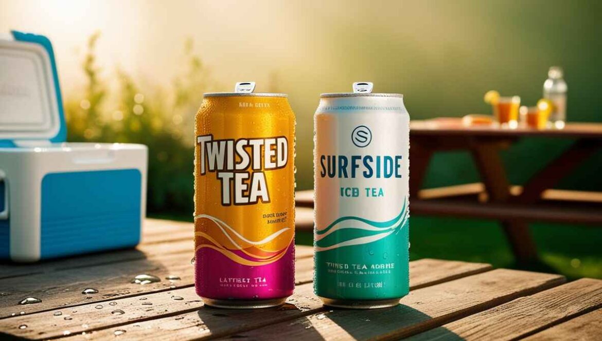 Surfside Iced Tea and Twisted Tea cans on a picnic table