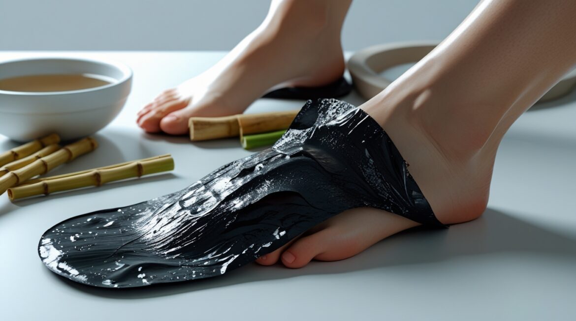 Close-up of a used detox foot pad being peeled off the foot