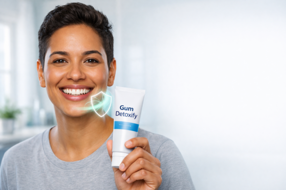 Lady holding Crest Gum Detoxify past
