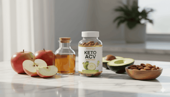 Vista Keto ACV Gummies bottle with fresh apples and apple cider vinegar