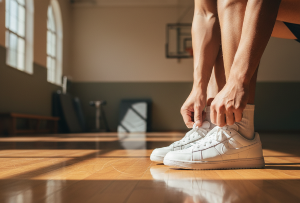 Person lacing up white sneakers on a gym floor — how to stick to fitness goals