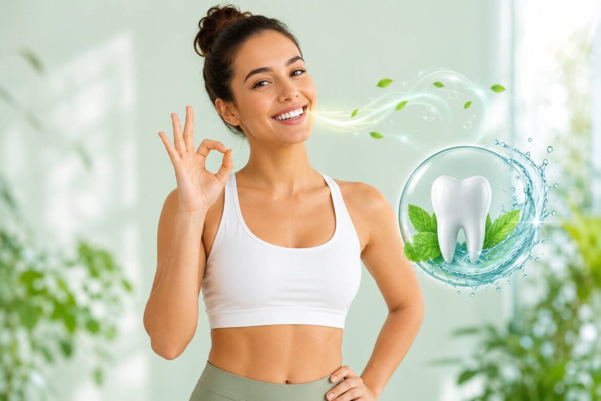 Healthy smiling woman demonstrating fresh breath and good oral hygiene