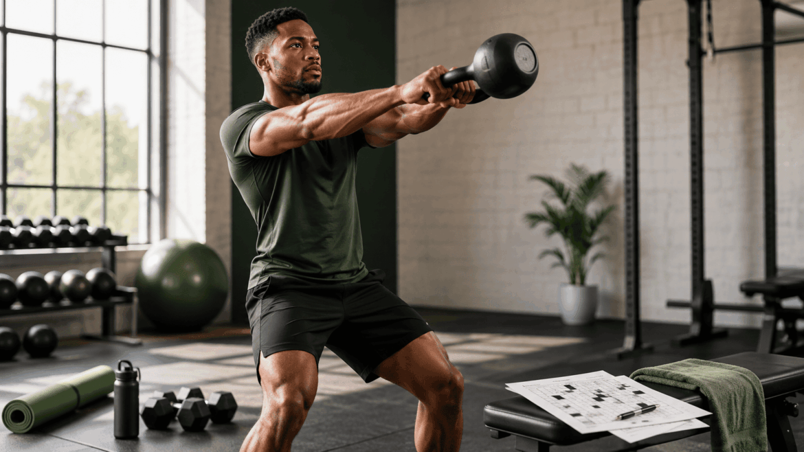 Athlete performing a kettlebell swing for the Fitness Items for Swinging Crossword Clue
