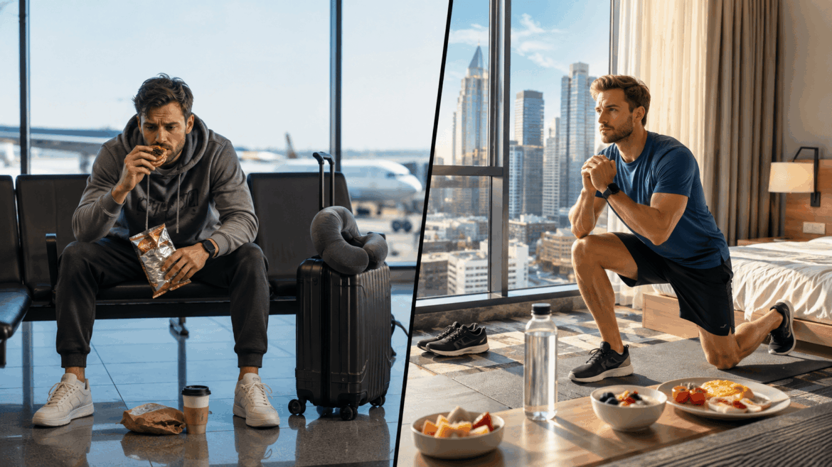 Traveler staying fit while traveling by doing a bodyweight workout in a hotel room after arriving from the airport, with healthy breakfast and city skyline in the background.