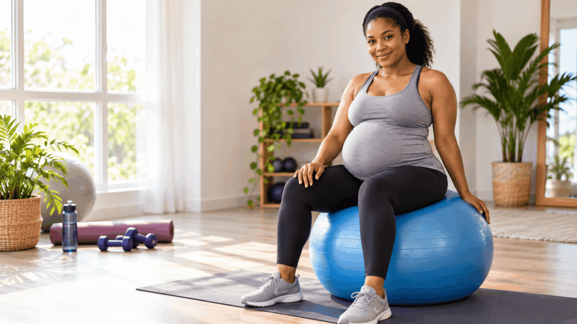 Ball Exercise For Pregnant Women: pregnant woman sitting safely on a stability exercise ball during a prenatal workout