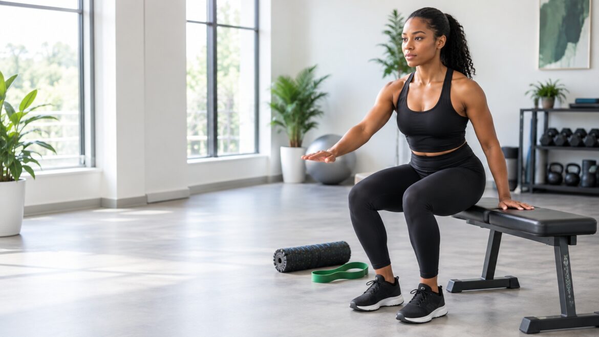 Exercises for Common Injuries and Joint Pain showing a woman performing a controlled supported squat