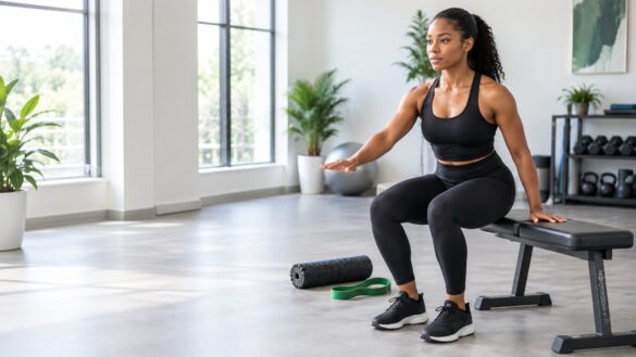 Exercises for Common Injuries and Joint Pain showing a woman performing a controlled supported squat