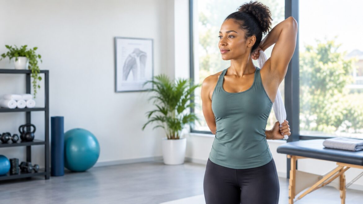 Exercises for Capsulitis showing a woman performing a gentle shoulder stretch with a towel