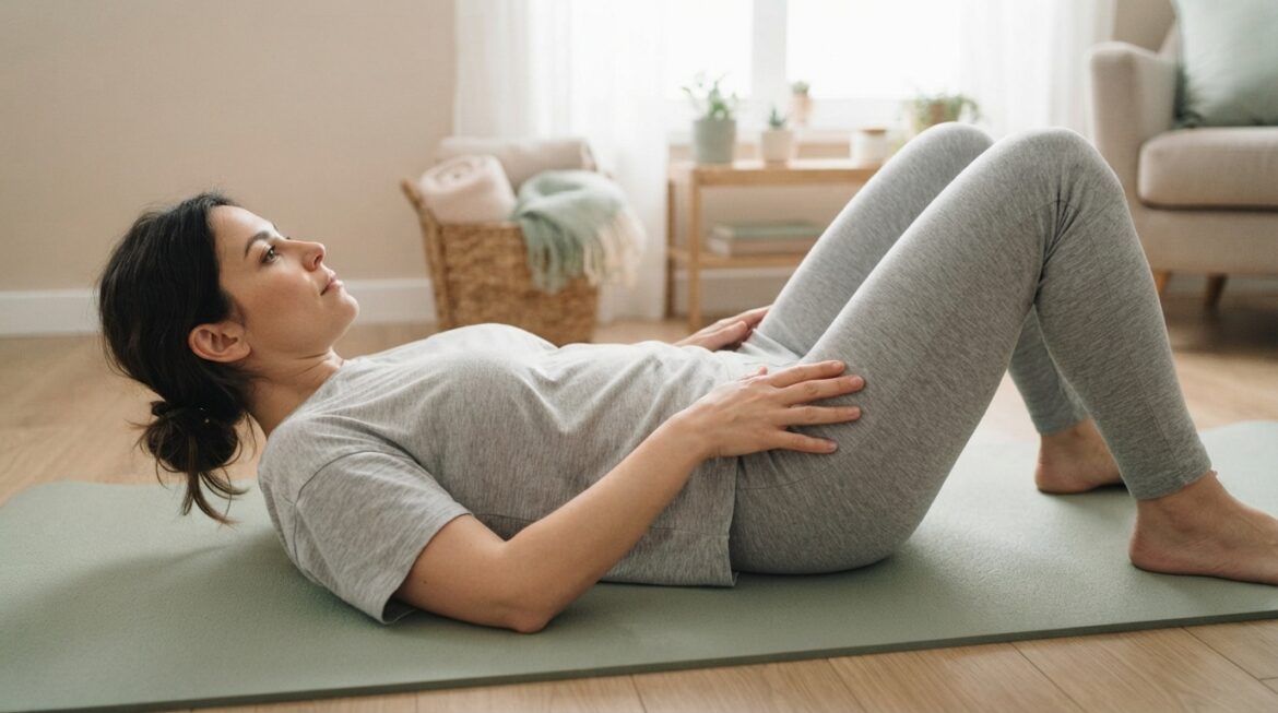 Woman performing gentle pelvic exercises for a prolapsed bladder in a relaxed home setting