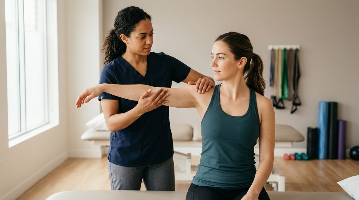 Physical therapist guiding a patient through PT exercises for a torn labrum during a shoulder rehab session