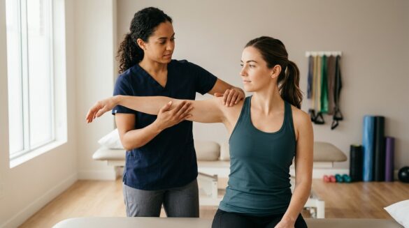 Physical therapist guiding a patient through PT exercises for a torn labrum during a shoulder rehab session